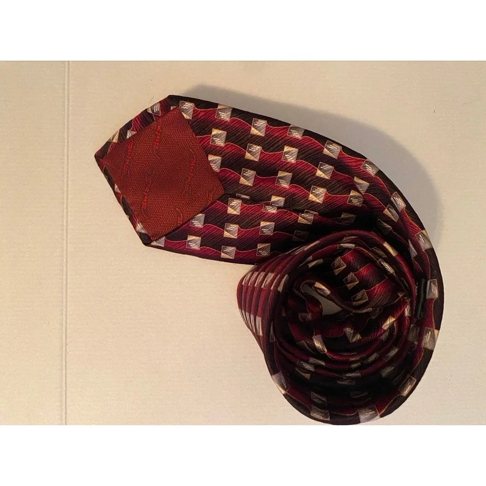 Antonia Collection Mens Silk‎ Tie Burgundy Black Geometric Square Pattern Hand